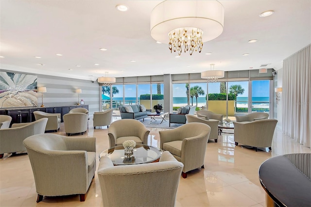 lobby featuring a water view