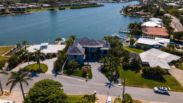 aerial view featuring a water view