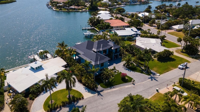 drone / aerial view featuring a water view