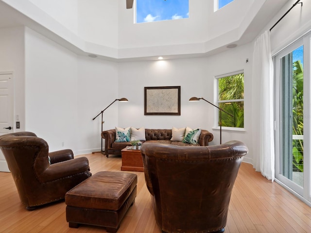 living room featuring a high ceiling and light hardwood / wood-style flooring