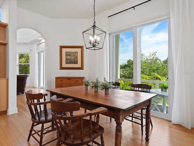 dining room with an inviting chandelier and light hardwood / wood-style flooring