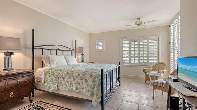 bedroom featuring ornamental molding, ceiling fan, and tile flooring