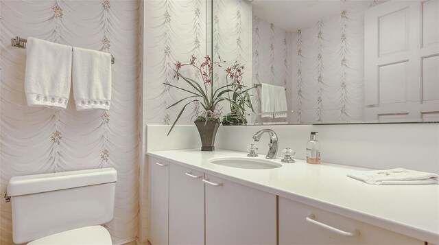 bathroom with vanity with extensive cabinet space and toilet