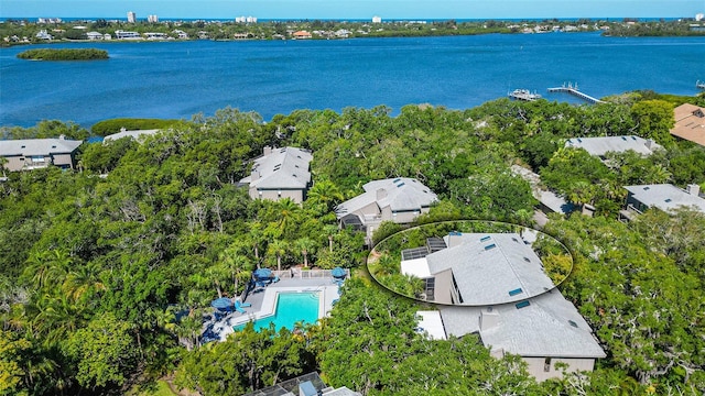 drone / aerial view featuring a water view