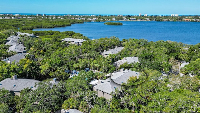 aerial view featuring a water view