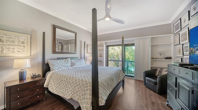 bedroom featuring dark hardwood / wood-style floors, ceiling fan, access to outside, and ornamental molding