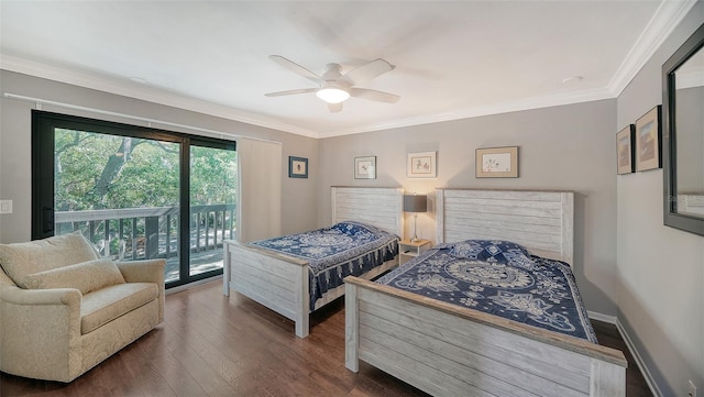 bedroom featuring ornamental molding, dark hardwood / wood-style flooring, ceiling fan, and access to outside