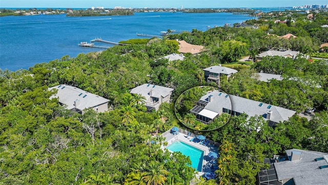 aerial view featuring a water view