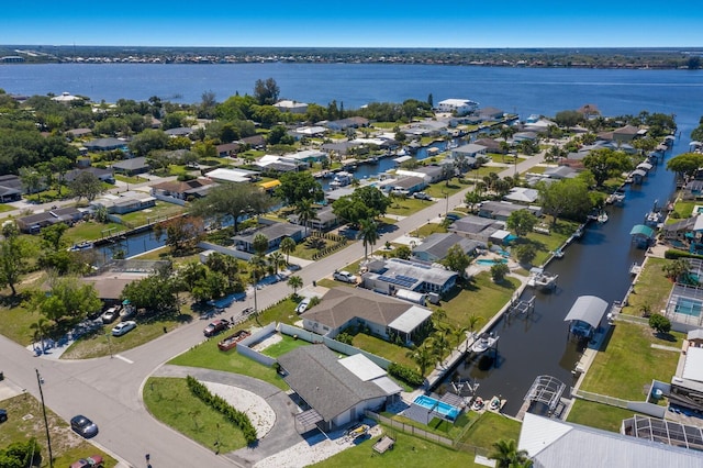 aerial view featuring a water view