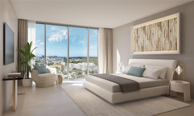 bedroom featuring floor to ceiling windows, multiple windows, and light tile flooring