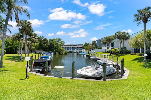 dock area with a yard and a water view