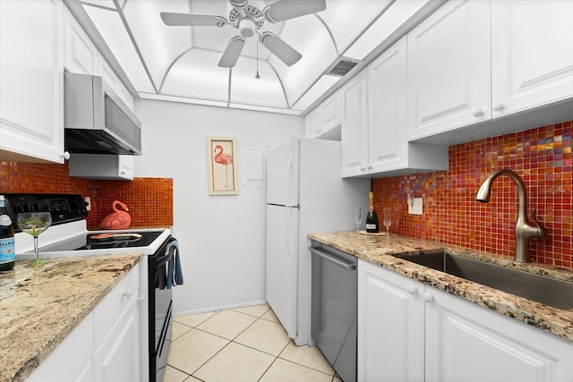 kitchen featuring dishwasher, tasteful backsplash, white cabinetry, and range with electric stovetop