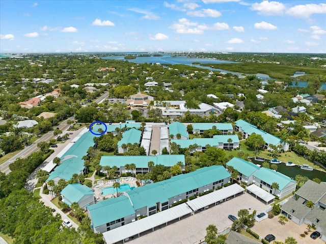 aerial view featuring a water view