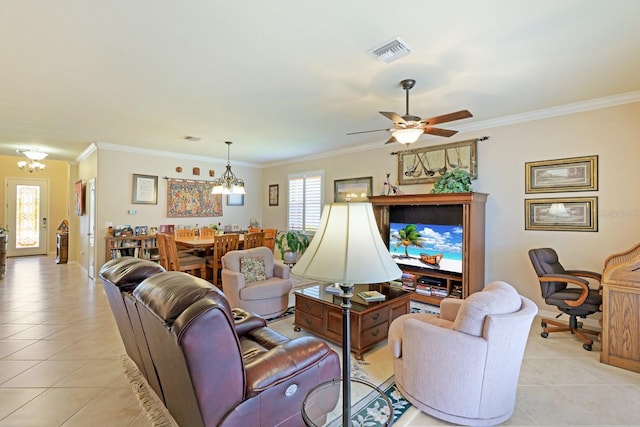 living room with ceiling fan with notable chandelier, light tile flooring, and ornamental molding