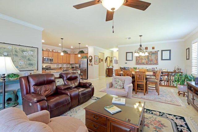 tiled living room featuring ceiling fan with notable chandelier and crown molding