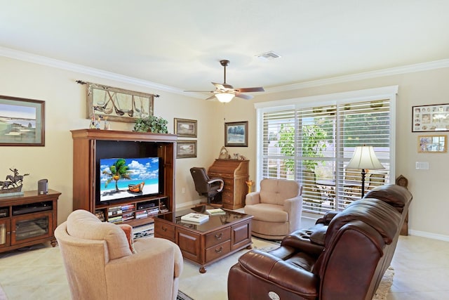 tiled living room with ornamental molding and ceiling fan