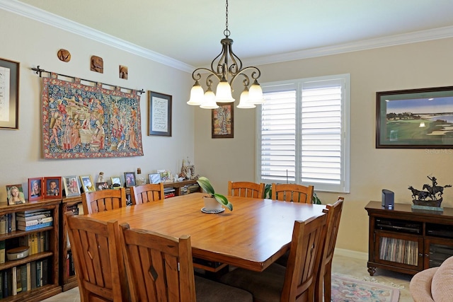 carpeted dining area with ornamental molding, a healthy amount of sunlight, and a notable chandelier