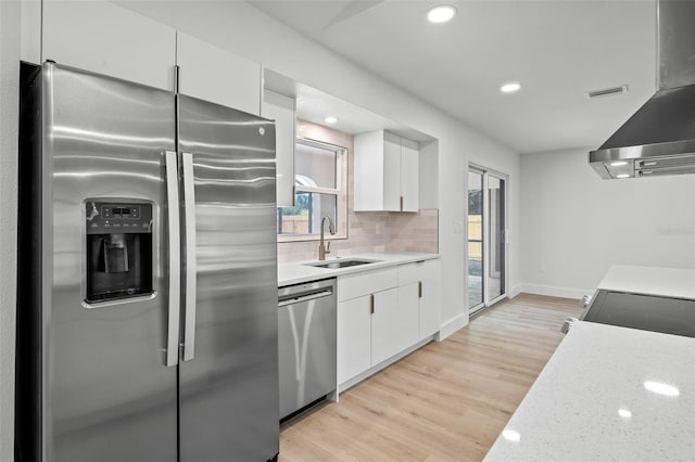 kitchen featuring white cabinetry, tasteful backsplash, sink, appliances with stainless steel finishes, and light hardwood / wood-style flooring