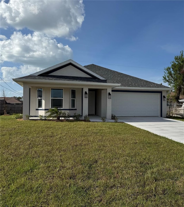 single story home with an attached garage, driveway, a front yard, and stucco siding