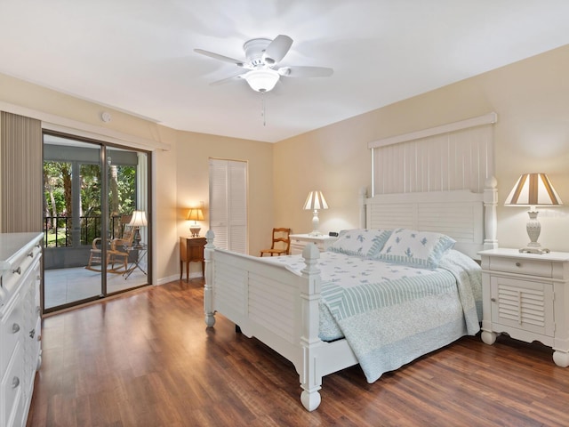 bedroom with a closet, ceiling fan, access to exterior, and dark wood-type flooring