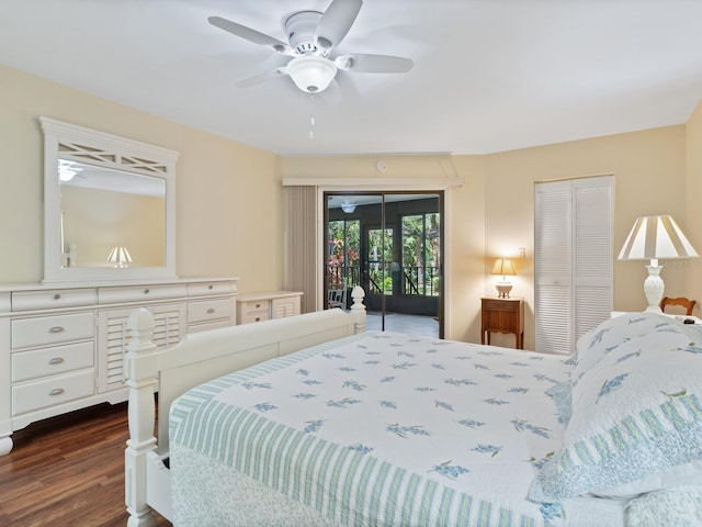 bedroom with french doors, ceiling fan, access to outside, a closet, and dark hardwood / wood-style flooring