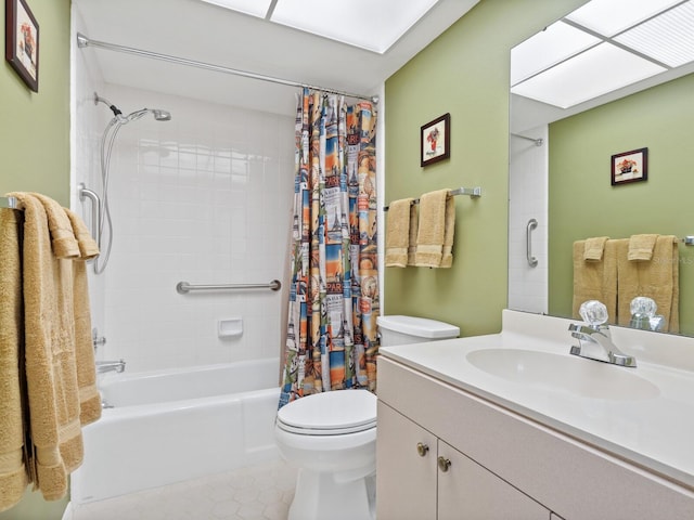 full bathroom with tile flooring, shower / tub combo, toilet, and large vanity