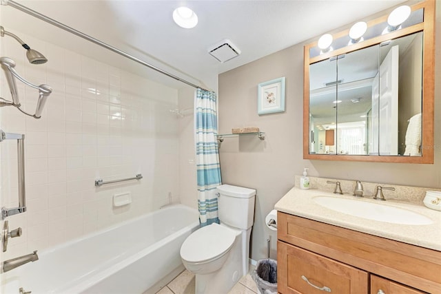 full bathroom featuring oversized vanity, shower / bath combination with curtain, toilet, and tile flooring