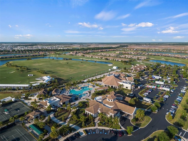 bird's eye view with a water view