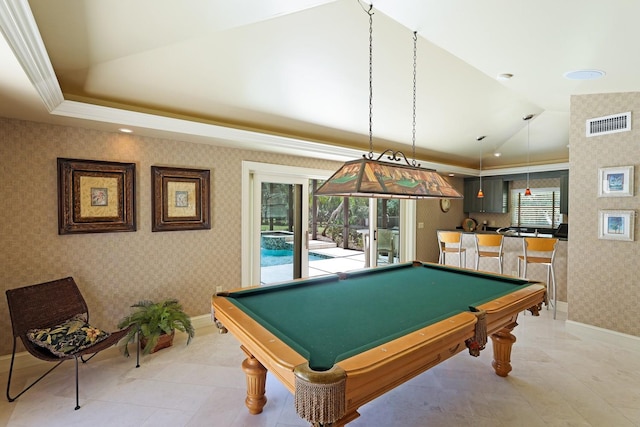 game room featuring lofted ceiling, pool table, visible vents, baseboards, and wallpapered walls