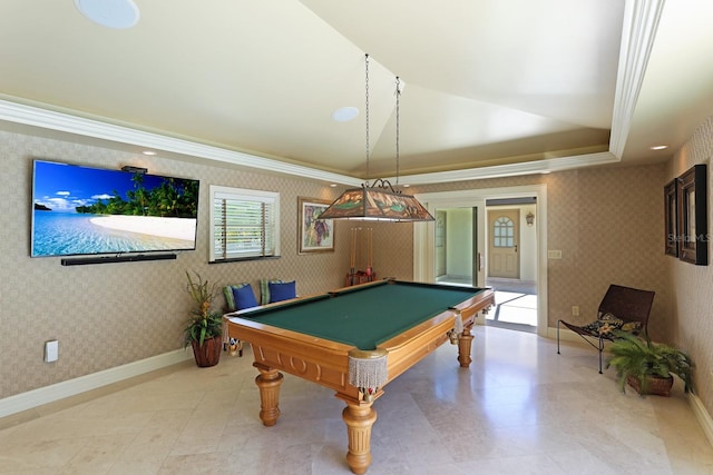 playroom with wallpapered walls, baseboards, a raised ceiling, pool table, and crown molding