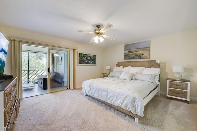 bedroom with carpet floors, access to exterior, and ceiling fan