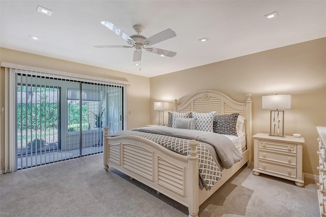 carpeted bedroom featuring ceiling fan and access to outside