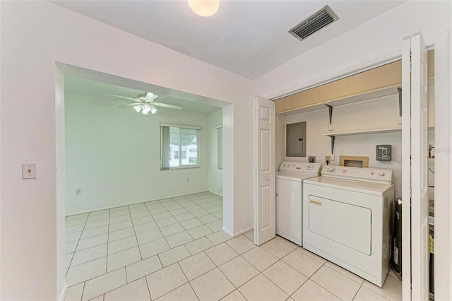 laundry area with ceiling fan, light tile flooring, washer and dryer, washer hookup, and electric dryer hookup