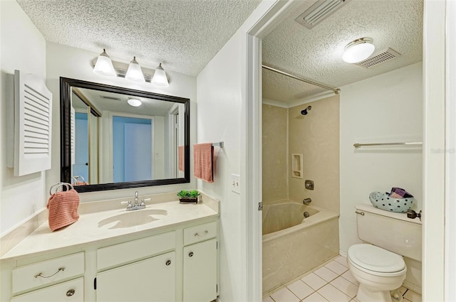 full bathroom with  shower combination, vanity, tile flooring, toilet, and a textured ceiling