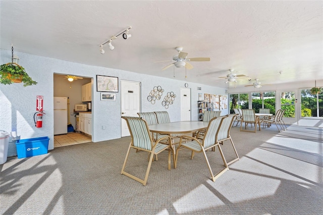 carpeted dining space featuring ceiling fan, a textured ceiling, and rail lighting