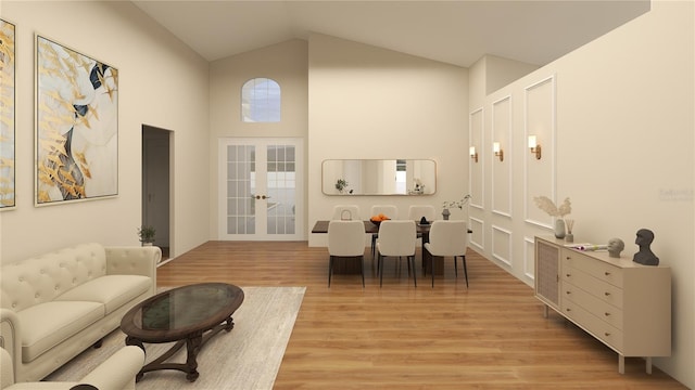 living room featuring light wood-type flooring, french doors, and high vaulted ceiling