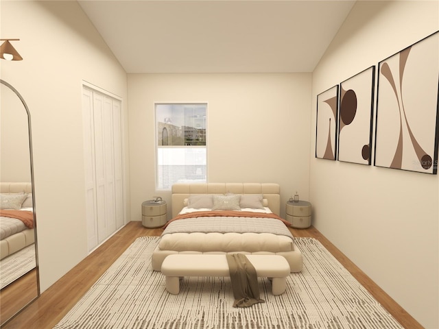 bedroom with lofted ceiling, wood finished floors, and a closet