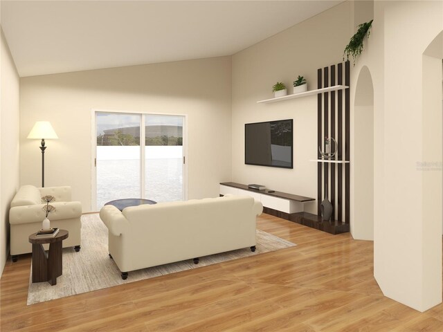 living room with lofted ceiling and wood-type flooring