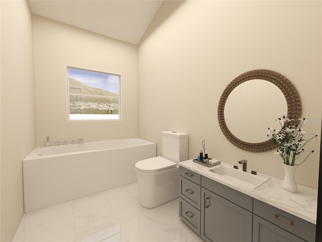 bathroom featuring vanity, a bath, vaulted ceiling, toilet, and marble finish floor