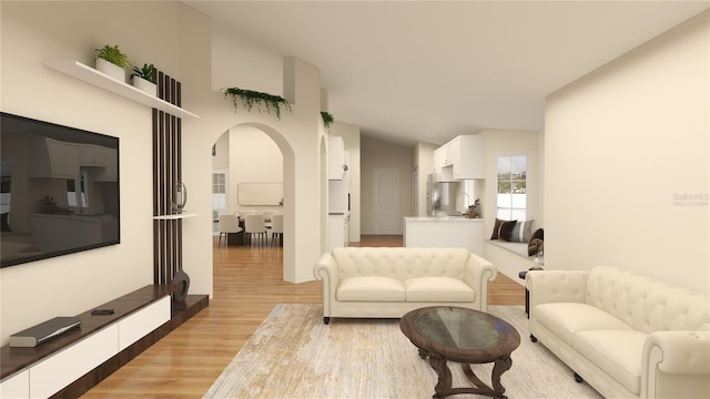 living room with sink, vaulted ceiling, and light hardwood / wood-style flooring