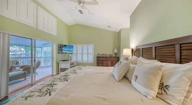 bedroom featuring light wood-type flooring, ceiling fan, access to exterior, and vaulted ceiling