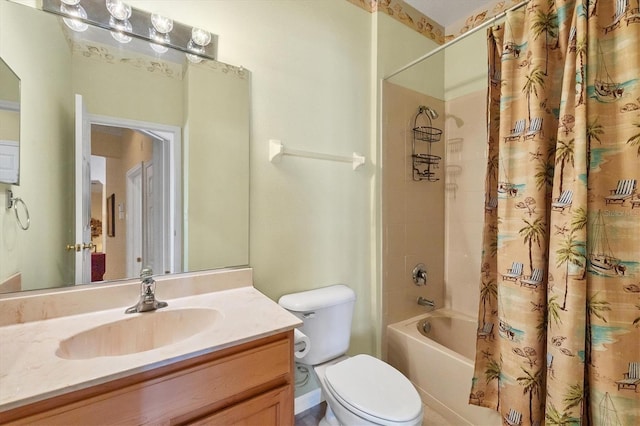 full bathroom with shower / tub combo, vanity, and toilet