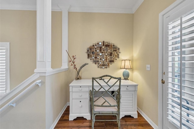 office space with crown molding and dark hardwood / wood-style floors