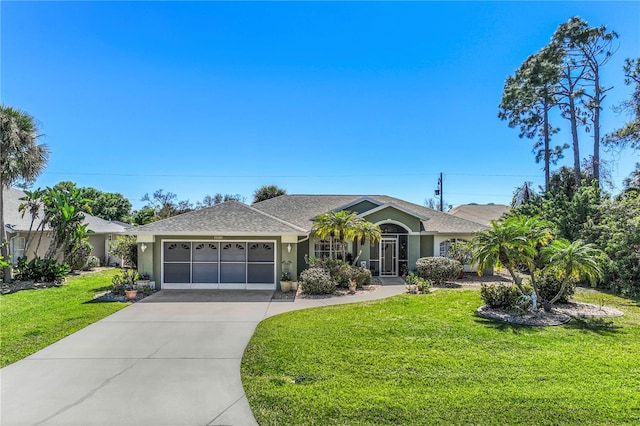 single story home featuring a garage and a front yard