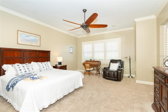 bedroom with ceiling fan, light carpet, and crown molding