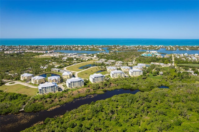 drone / aerial view featuring a water view