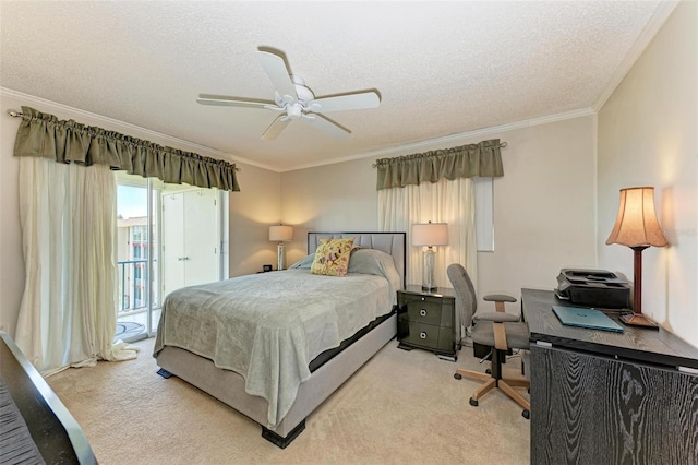 carpeted bedroom with ornamental molding, access to exterior, a textured ceiling, and ceiling fan