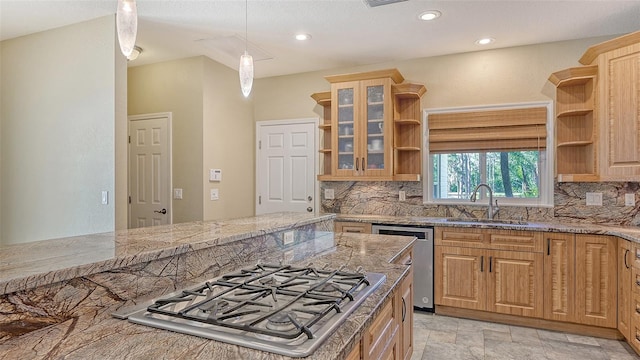 kitchen with light tile floors, sink, backsplash, stainless steel appliances, and pendant lighting