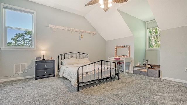 bedroom featuring light colored carpet, ceiling fan, and lofted ceiling