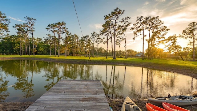 dock area with a yard and a water view